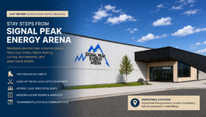 Signal Peak Energy Arena is located right behind Ledgestone Suites Hotel Billings