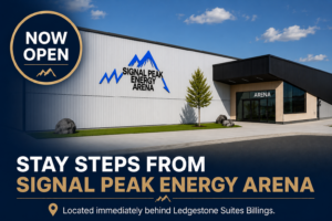 Signal Peak Energy Arena is located right behind Ledgestone Suites Hotel Billings