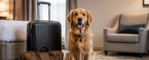 Golden Retriever in a dog friendly hotel room